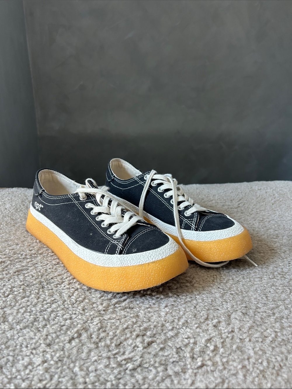 Black Canvas Low-Top Sneakers with Yellow Gum Sole